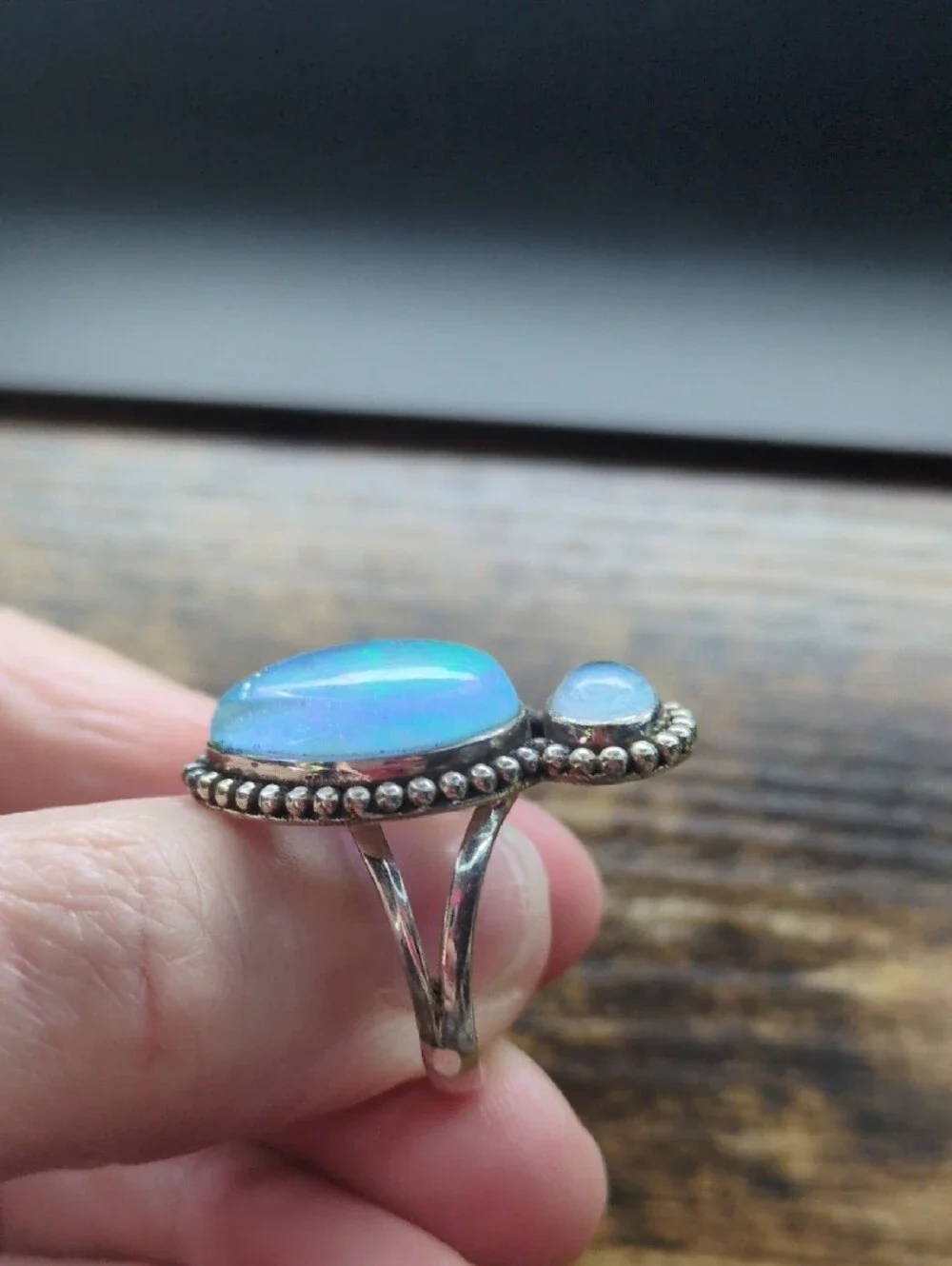 Opal Teardrop Double Stone Sterling-Style Ring in Iridescent Blue-Green